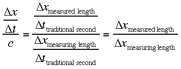 [Missing Graphic of an Equation] (48k) Dividing a traditional velocity by the traditional definition of the speed of light eliminates the traditional seconds in the denominators.